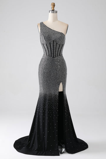 Vestido de fiesta con corsé de un hombro de sirena negro brillante